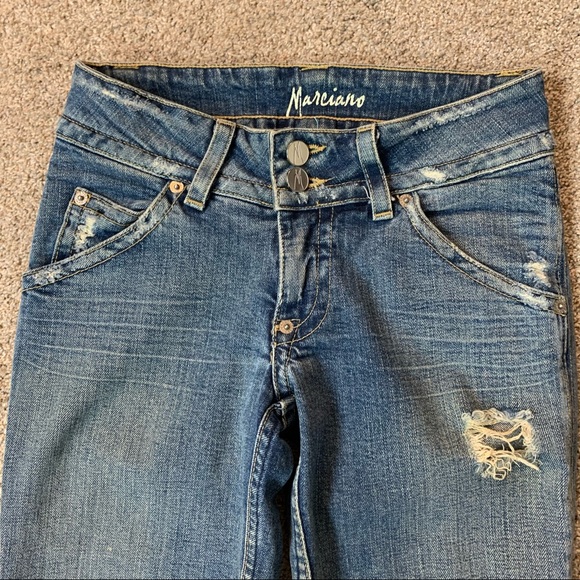 Y2K MARCIANO Indigo BLUE Low Rise FLARE Bell Bottom DISTRESSED Stretch JEANS 25 - Picture 2 of 6
